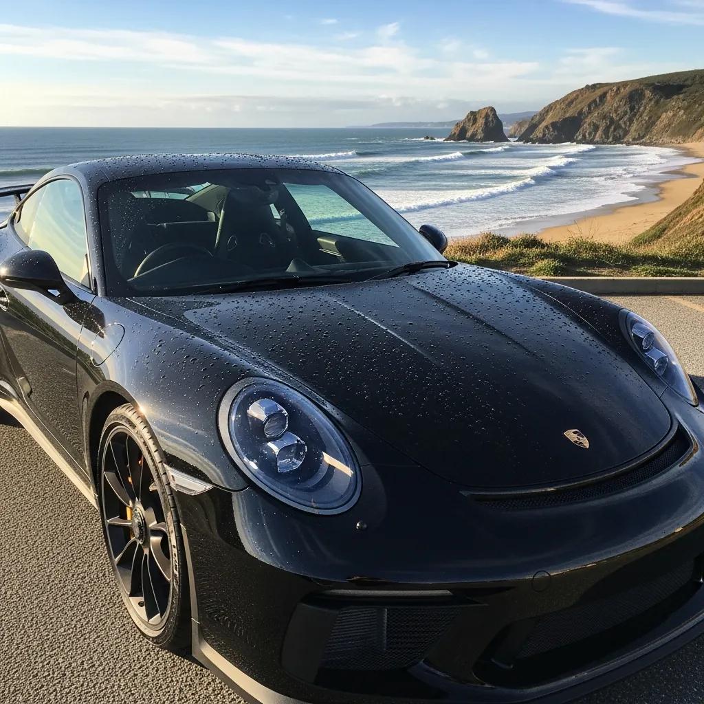 Luxury black sports car showcasing a glossy finish with water droplets, parked in a coastal setting with waves and cliffs in the background, highlighting the benefits of ceramic coating for high-end vehicles.