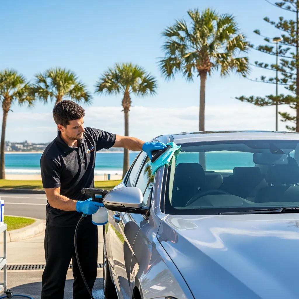 Mobile car detailing technician cleaning a vehicle with a spray bottle and cloth, set against a backdrop of palm trees and the beach in the Northern Beaches area.