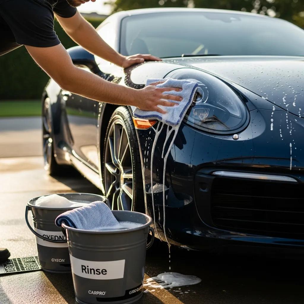 Person washing a luxury car using the two-bucket method with a microfibre mitt, maintaining ceramic coating with pH-neutral shampoo and rinsing technique.