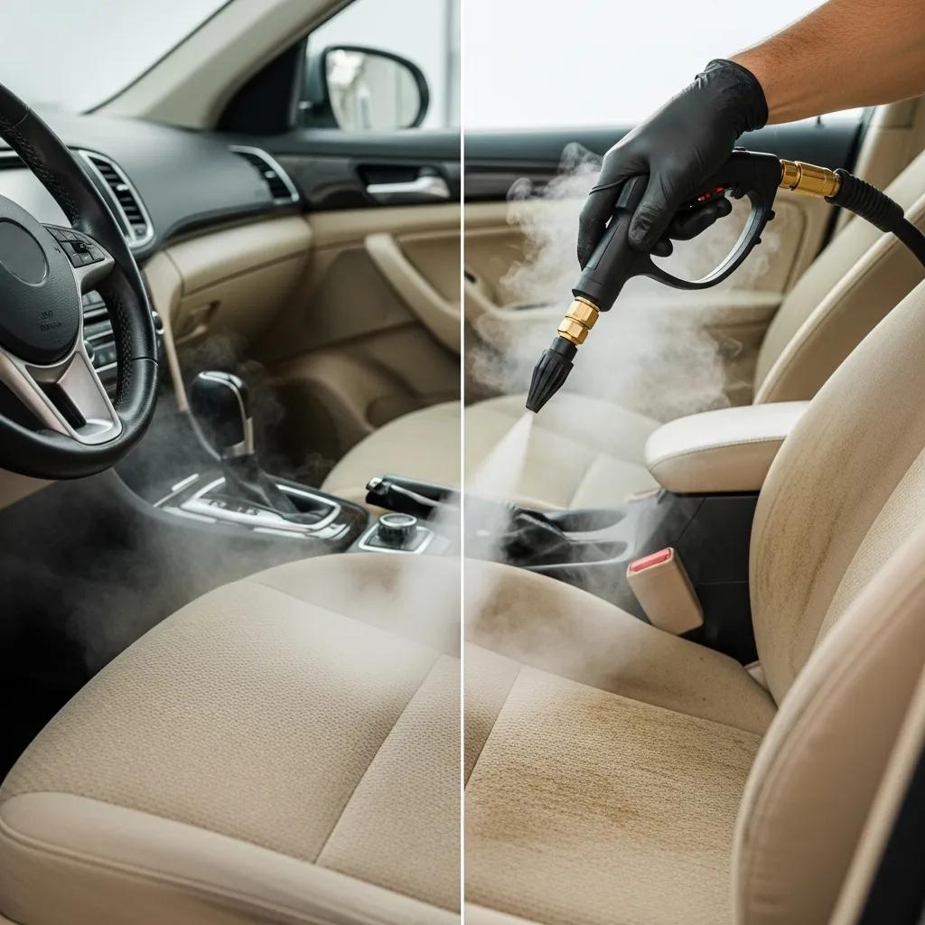 Technician using a steam cleaner for interior detailing on car upholstery, enhancing cleanliness and hygiene in a vehicle's cabin.