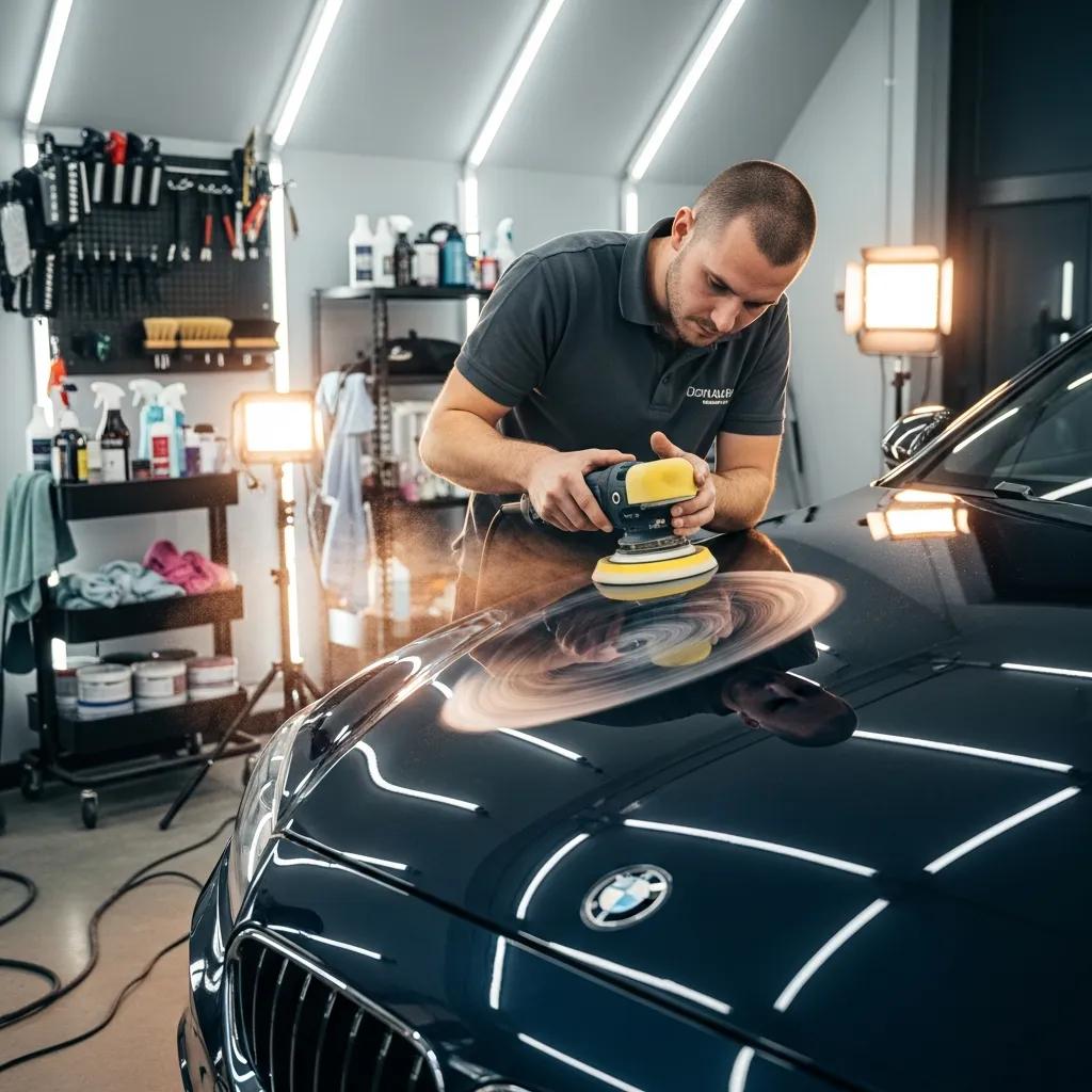 Technician performing multi-stage paint correction on a luxury BMW in a professional detailing workshop, showcasing meticulous care for high-value vehicles.