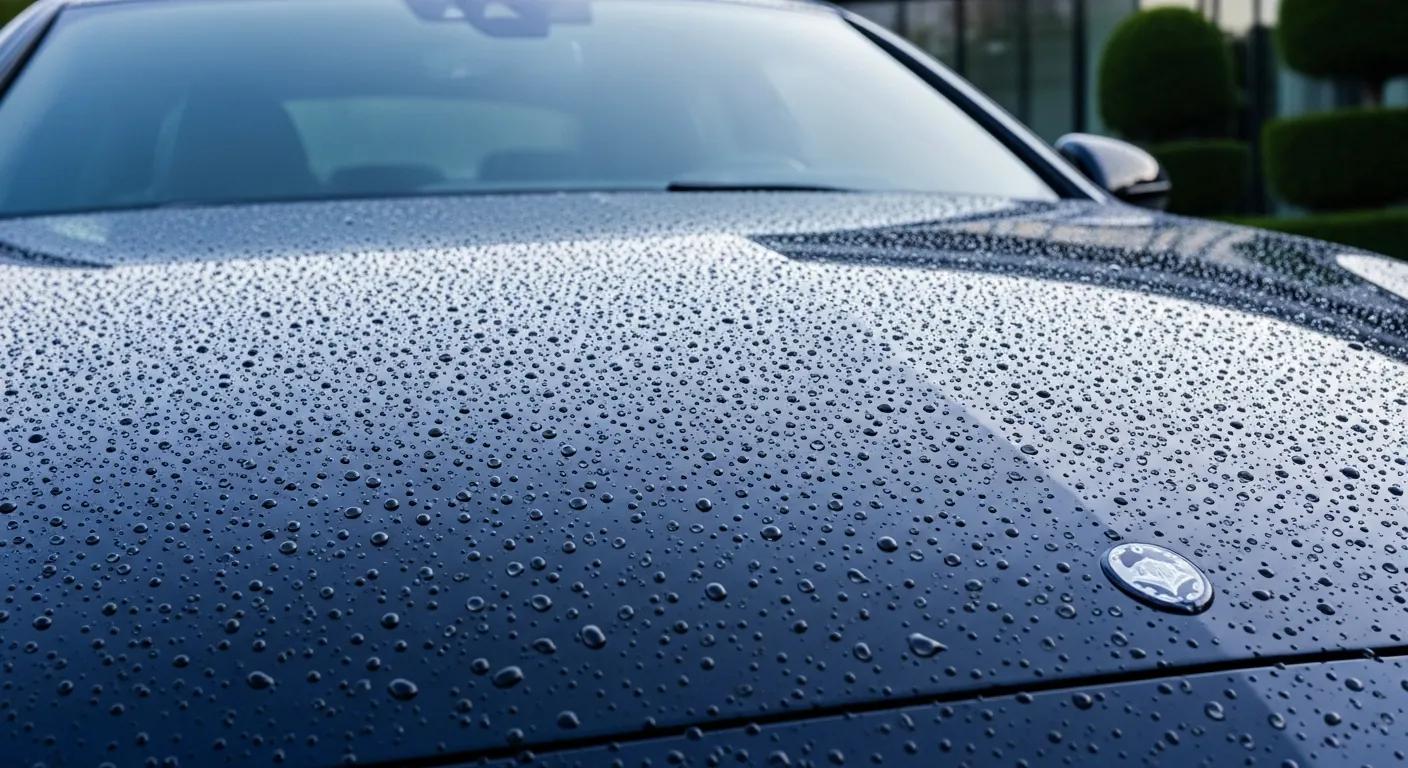 Luxury car showing water beading on a ceramic‑protected finish, illustrating protective benefits