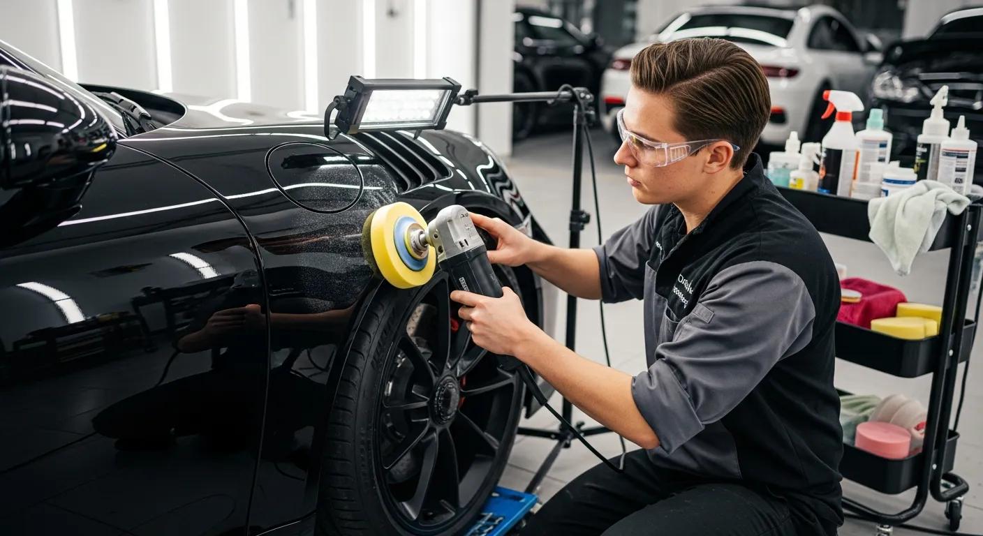 Technician performing precise paint correction on a luxury vehicle during a premium detail