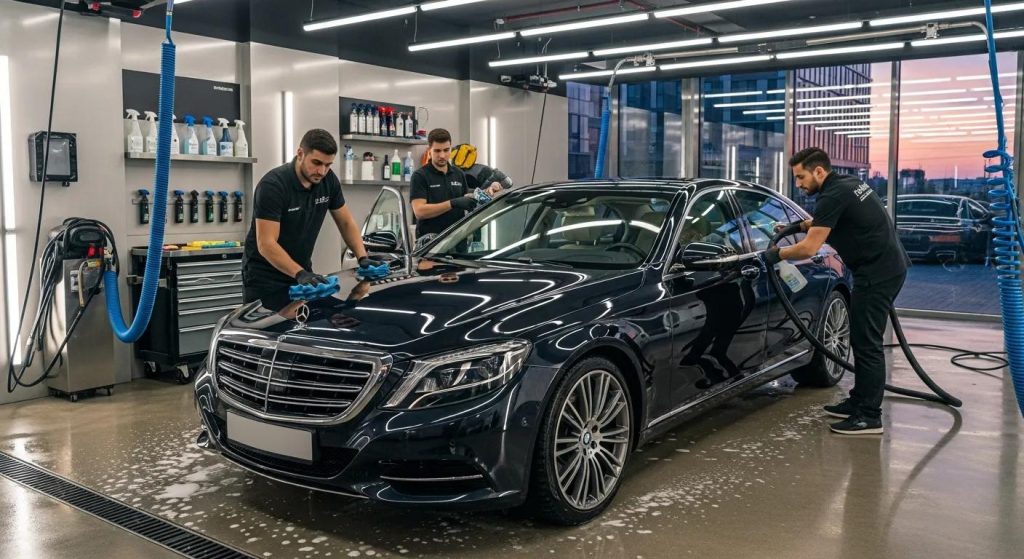 Premium car wash service with professionals detailing a shiny vehicle in a modern facility