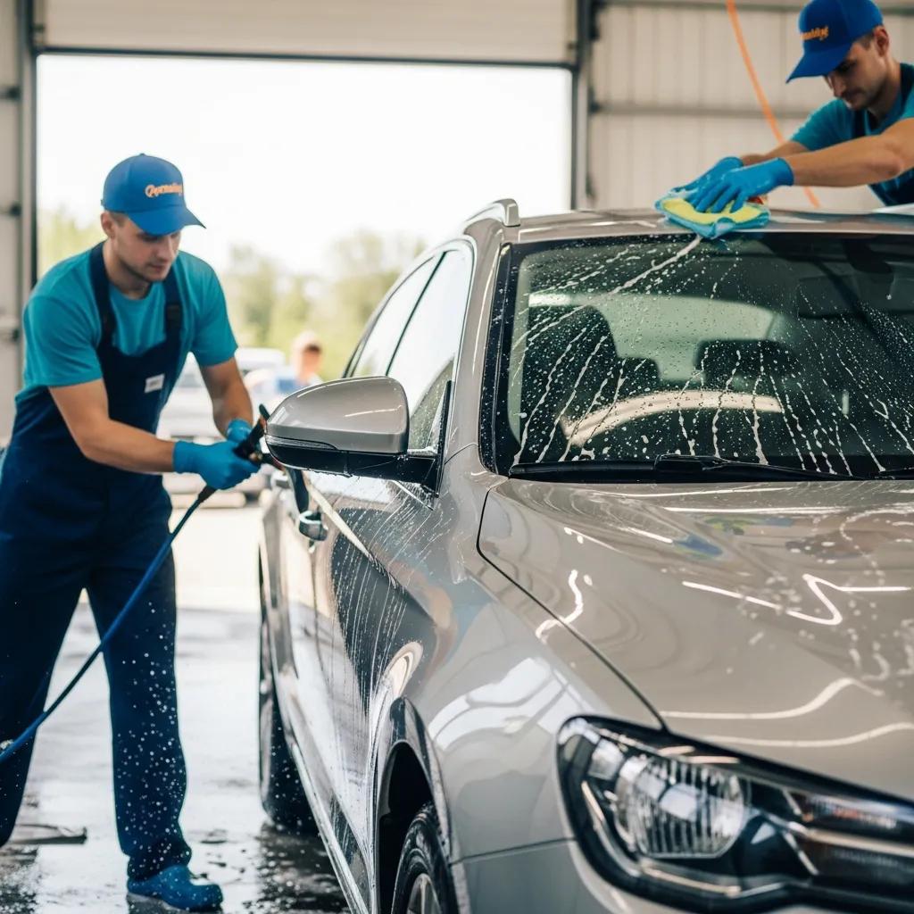 Car being washed at a professional car wash facility, highlighting the detailing process and cleanliness