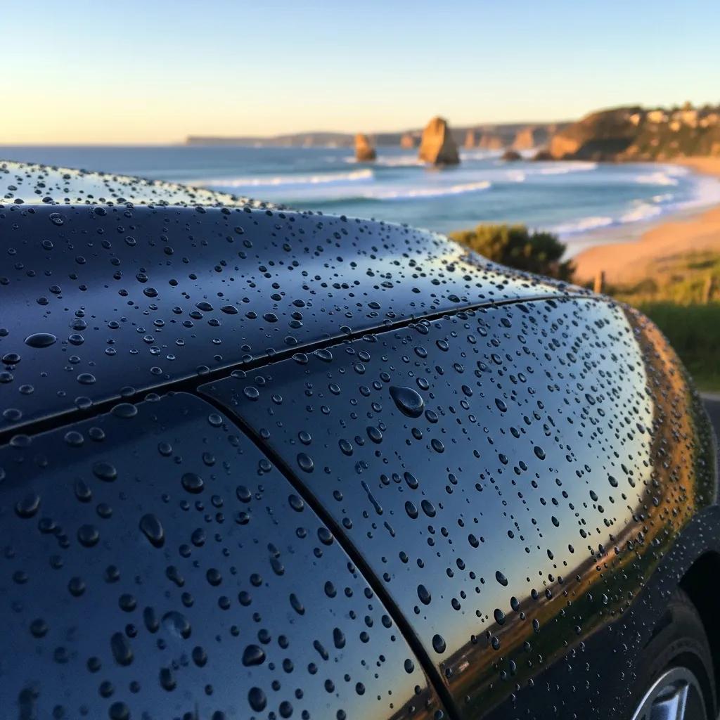 Close-up of a car's glossy finish demonstrating the protective effects of ceramic coating