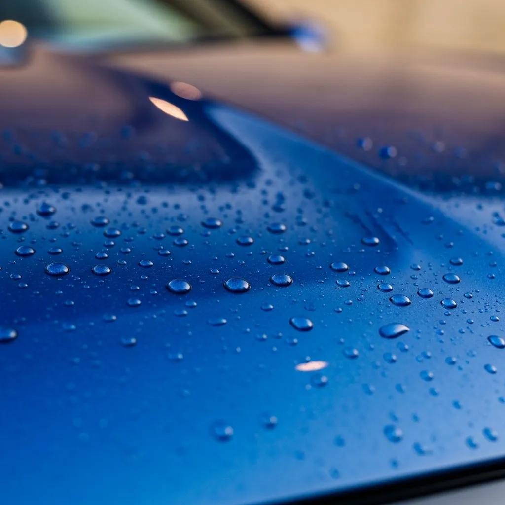 Close-up showing hydrophobic water beading on a luxury car's paint