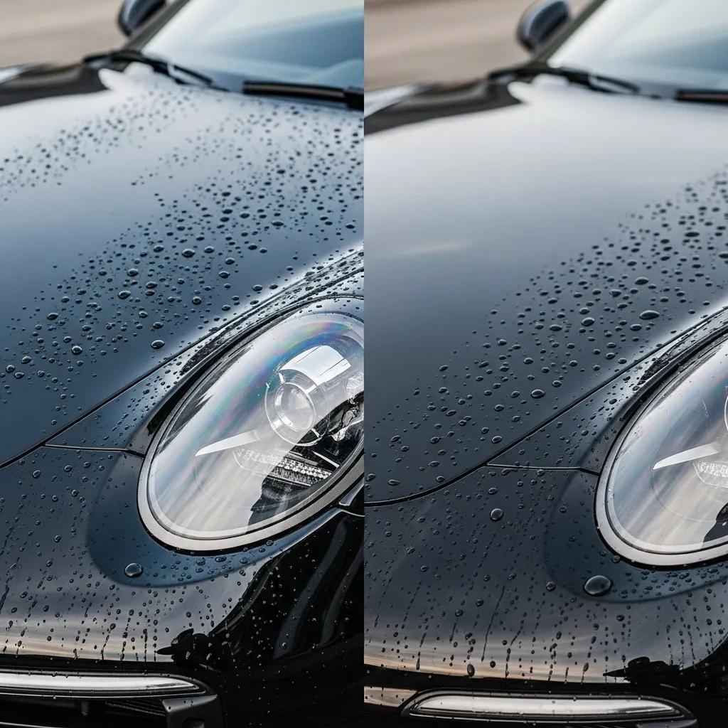 Side-by-side finish comparison: ceramic coating versus traditional wax showing gloss and water beading