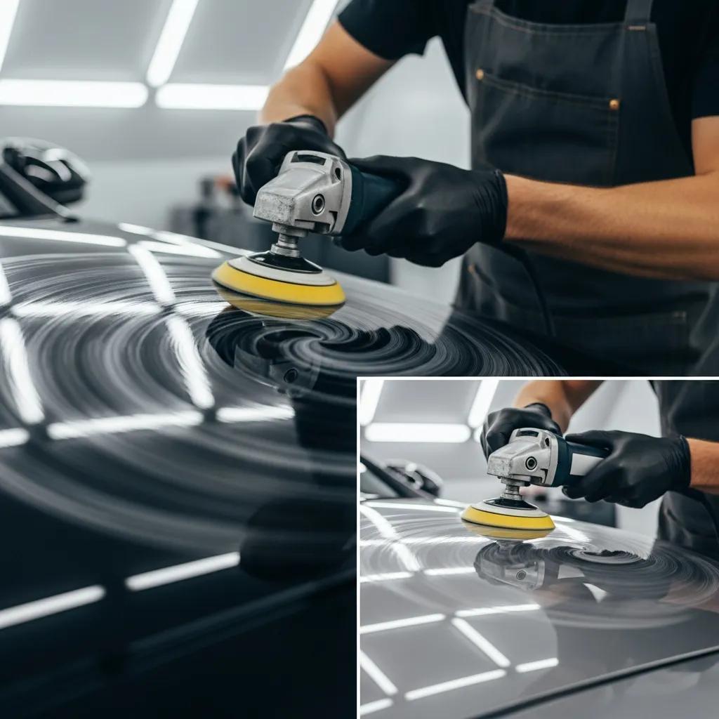 Technician performing paint correction to remove swirls and restore gloss