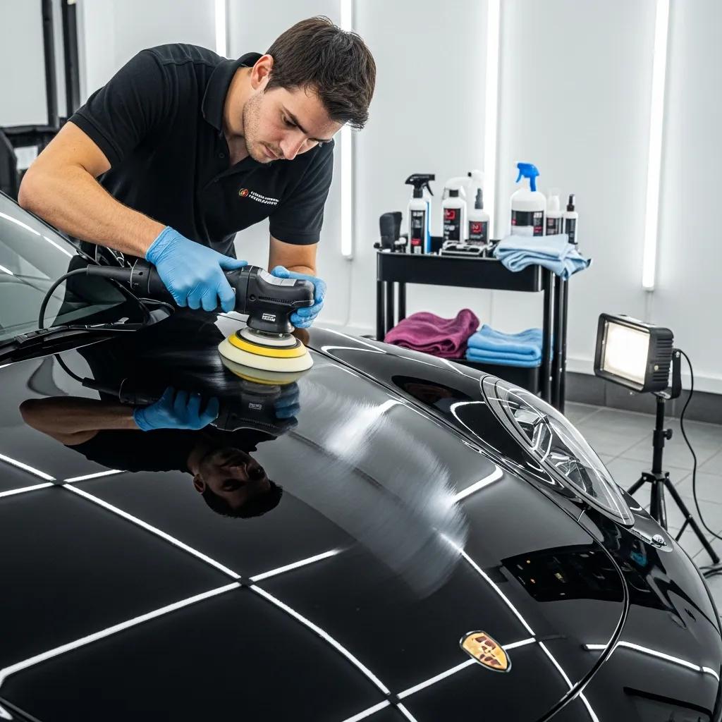 Detailer polishing a dark-coloured car, showcasing premium car detailing techniques