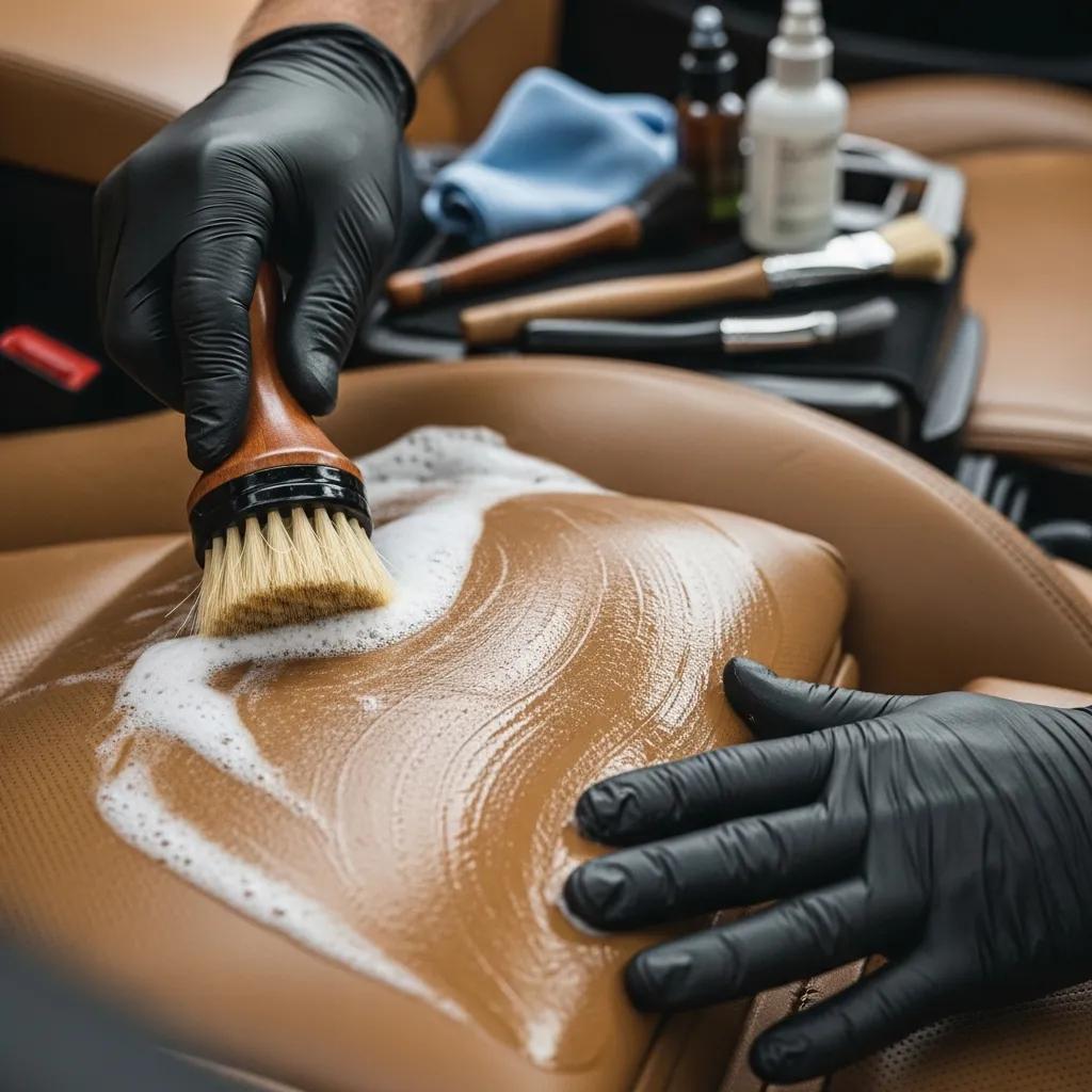 Leather seat cleaning and conditioning during interior detailing