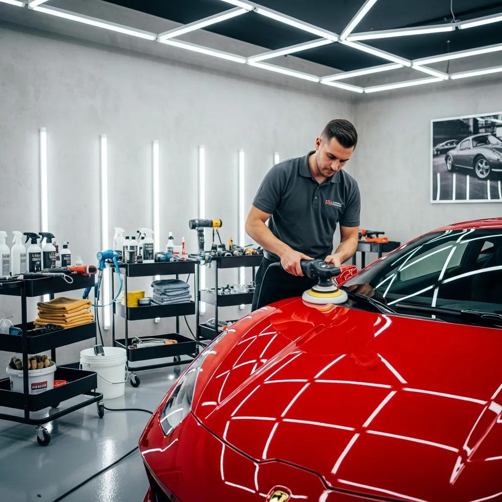 Luxurious car detailing service in a professional garage setting