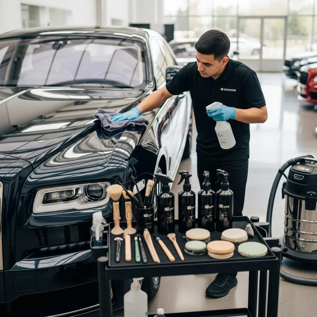 Deluxe detailer meticulously restoring a luxury vehicle with professional-grade products