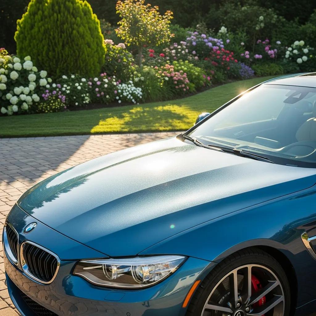 Luxury car with glossy ceramic paint protection in a sunlit driveway