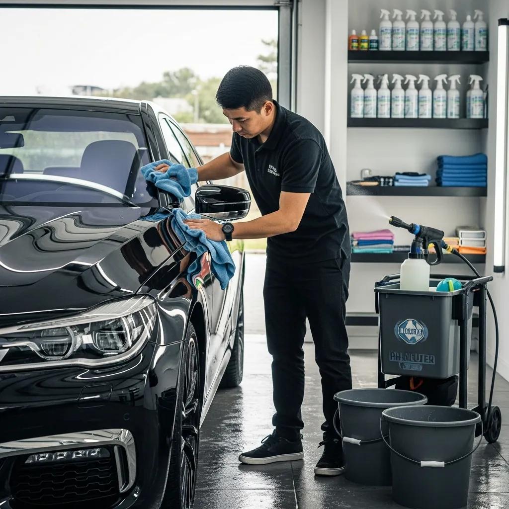 Person washing a luxury car carefully with a soft microfiber towel to protect ceramic coating