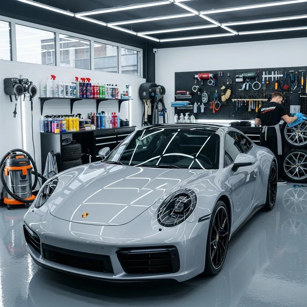 Premium automotive detailing services with a shiny car in a professional setting