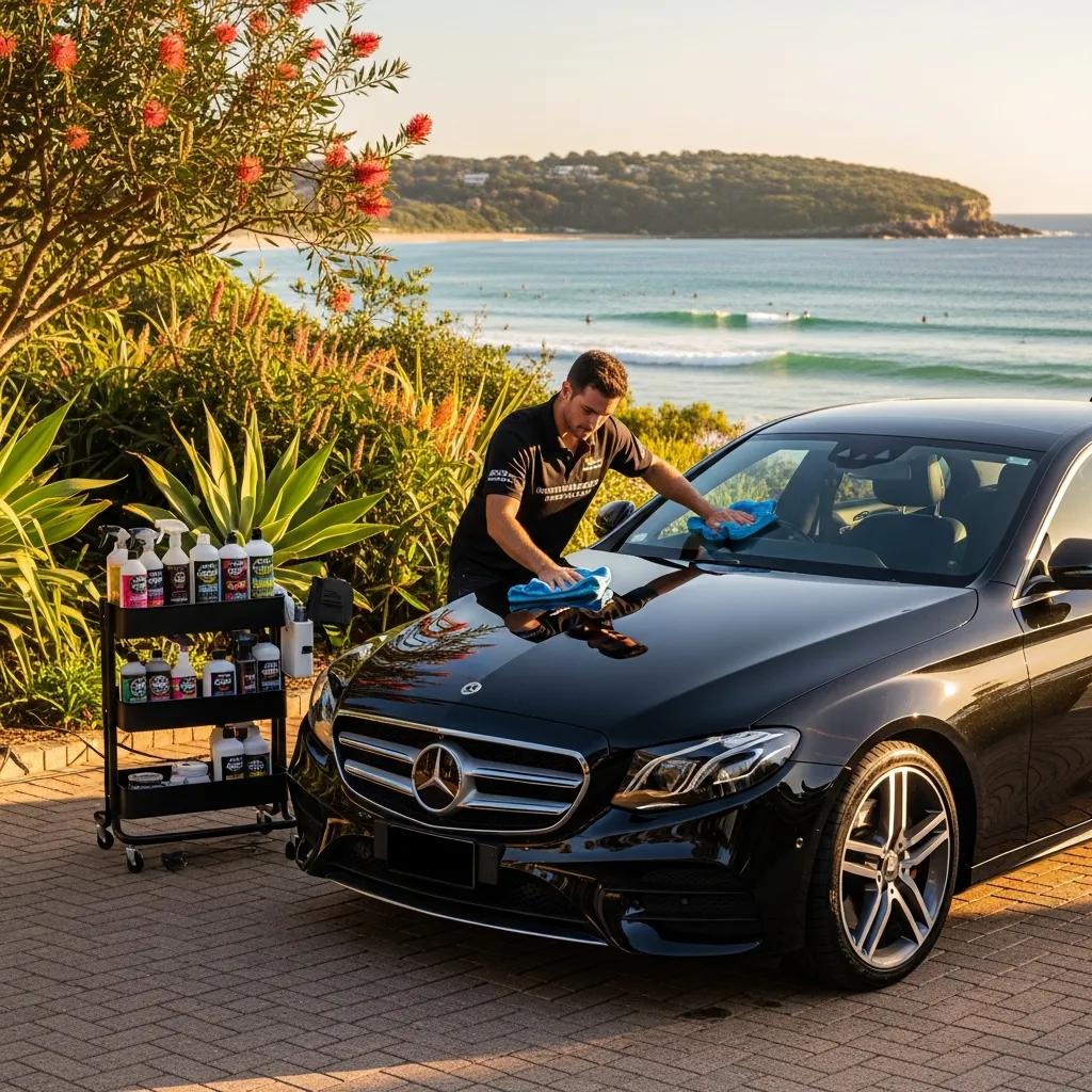 Professional car detailing service in Northern Beaches with a shiny vehicle and scenic background