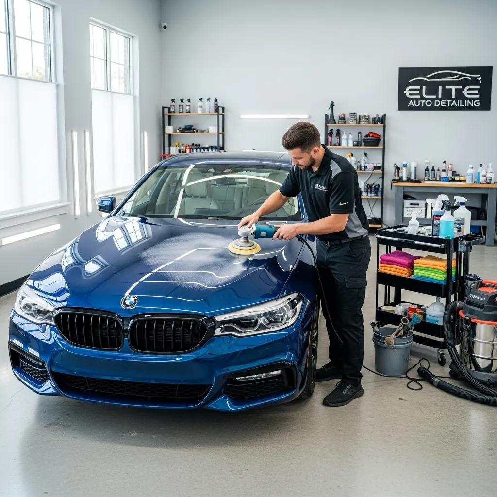 Professional car detailing service showcasing a sparkling clean vehicle being polished
