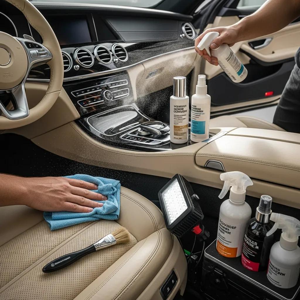 Interior detailing in progress: seats, carpets and dashboard being cleaned