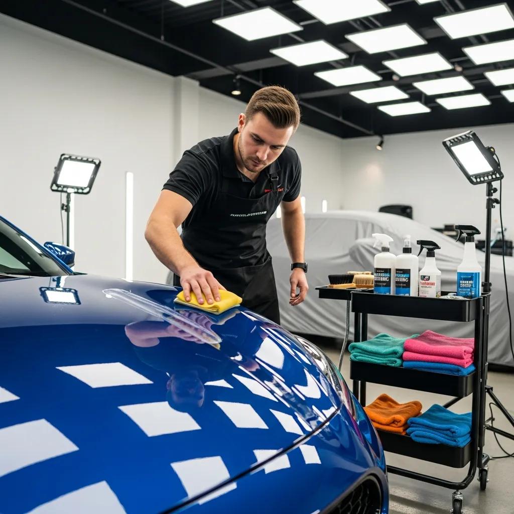 Detailing technician applying ceramic coating at a Brookvale workshop, illustrating professional care