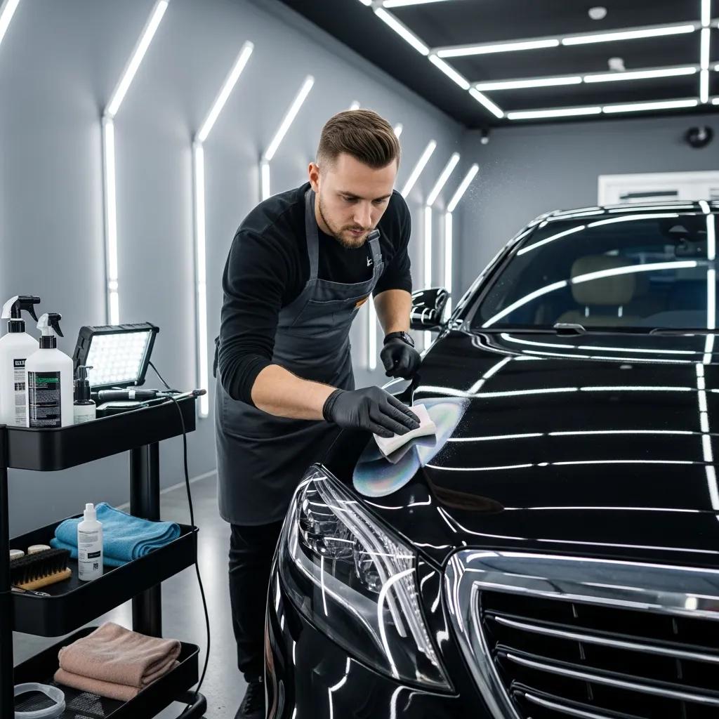 Technician applying ceramic coating in a detailing bay — careful preparation and even application
