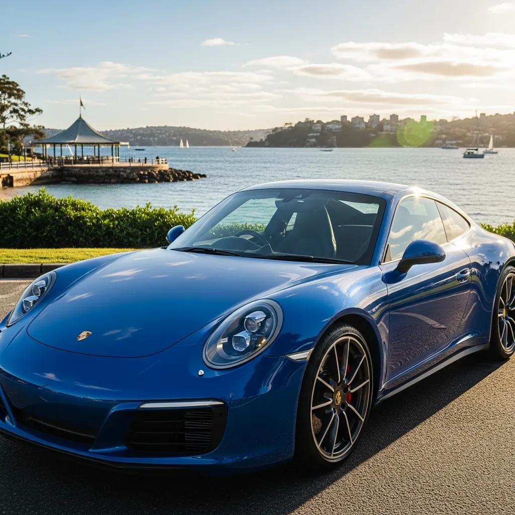 Shiny car with ceramic paint protection in Mosman, highlighting its glossy finish and coastal backdrop