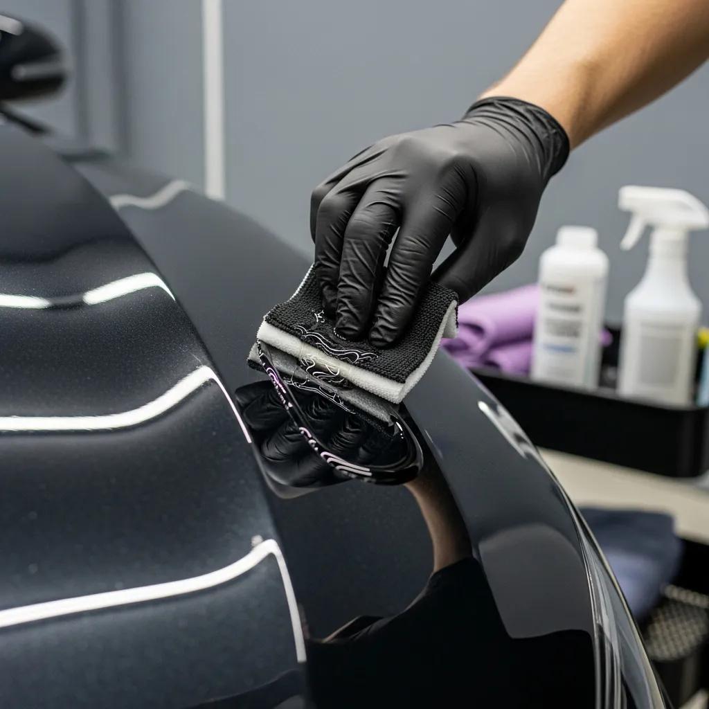 Technician applying a protective paint coating to a car