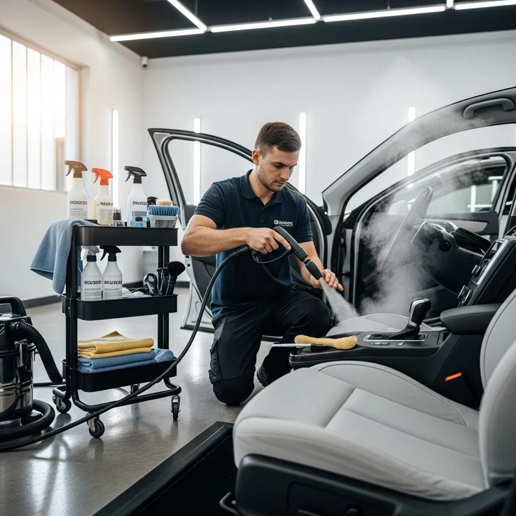 Technician using a steam cleaner on car upholstery for deep interior cleaning
