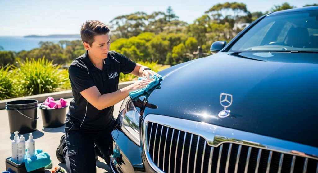 Deluxe Car Wash technician detailing a glossy vehicle in the Northern Beaches