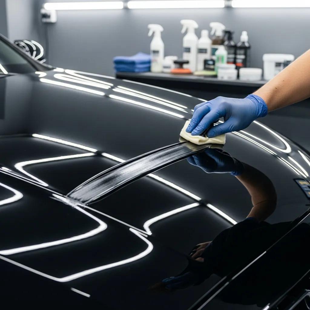 Technician applying ceramic coating to a vehicle's paintwork