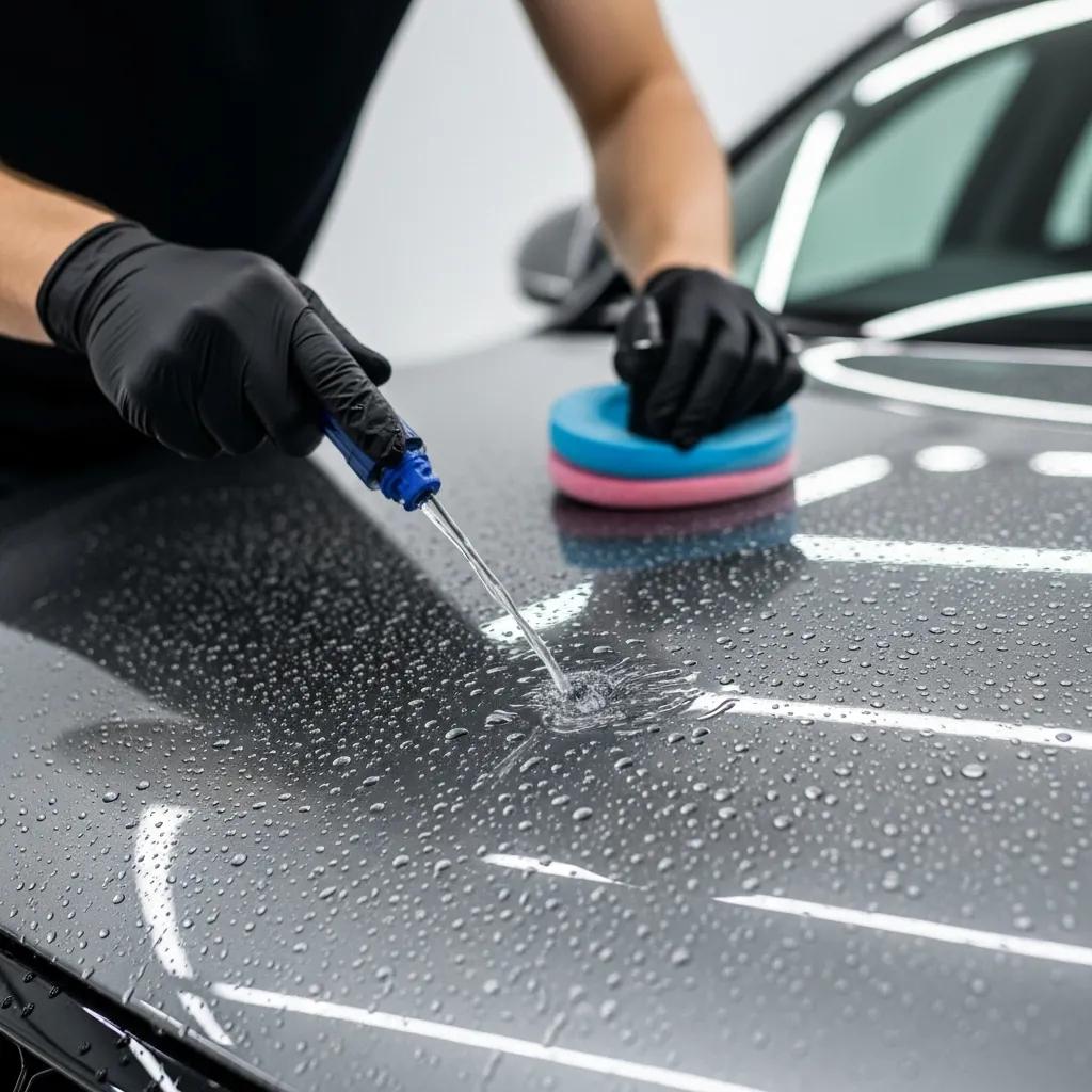 Application of ceramic coating on a car's exterior showcasing hydrophobic properties