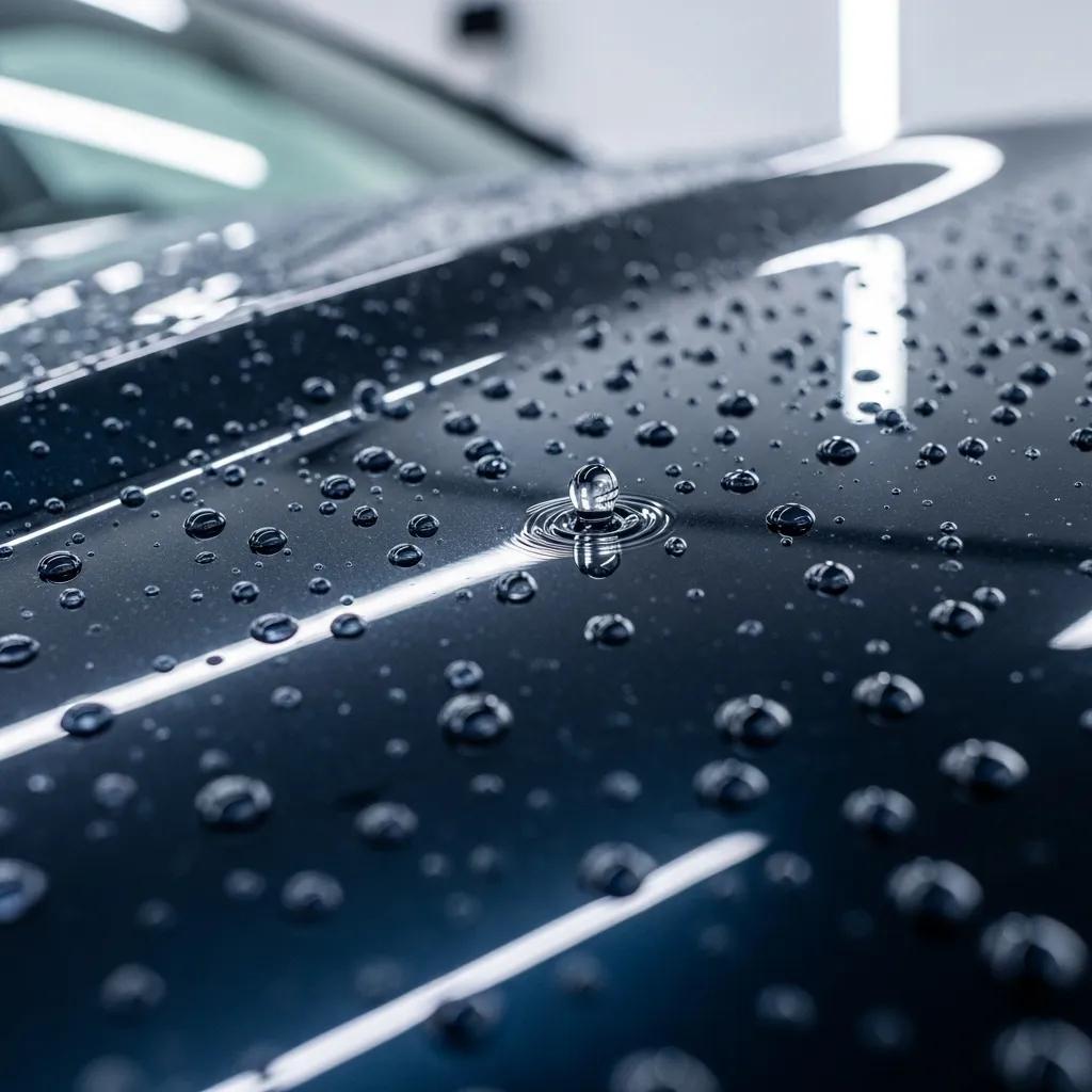 Close-up of a car surface with ceramic coating demonstrating hydrophobic properties