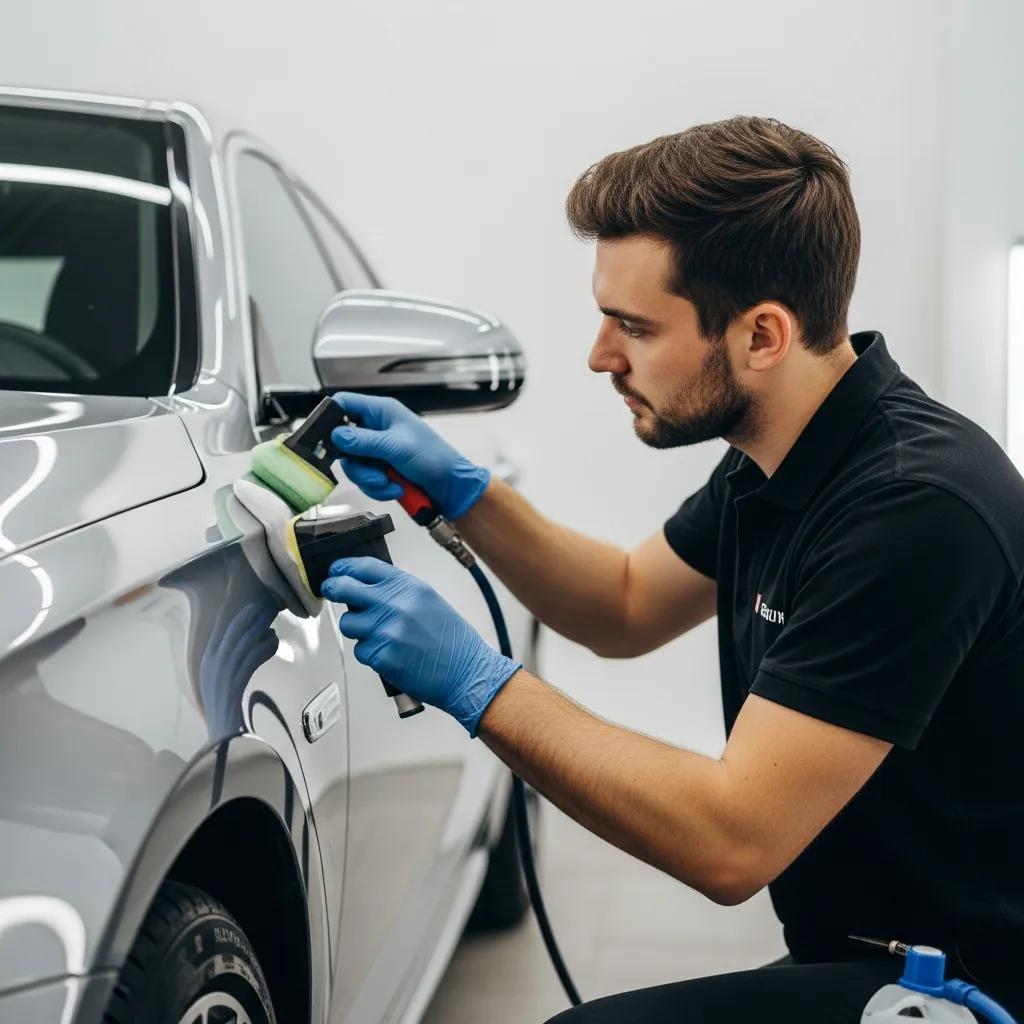 Premium car detailing service with a professional detailer cleaning a luxury vehicle