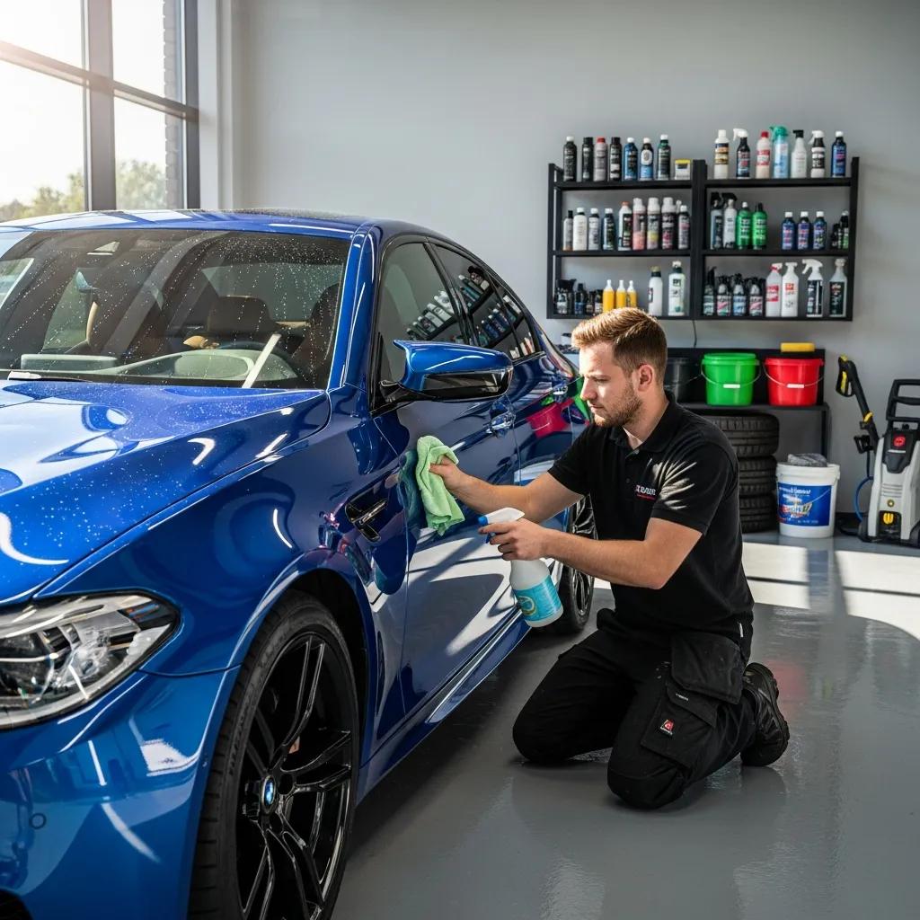 Professional car detailing service with a shiny vehicle being cleaned