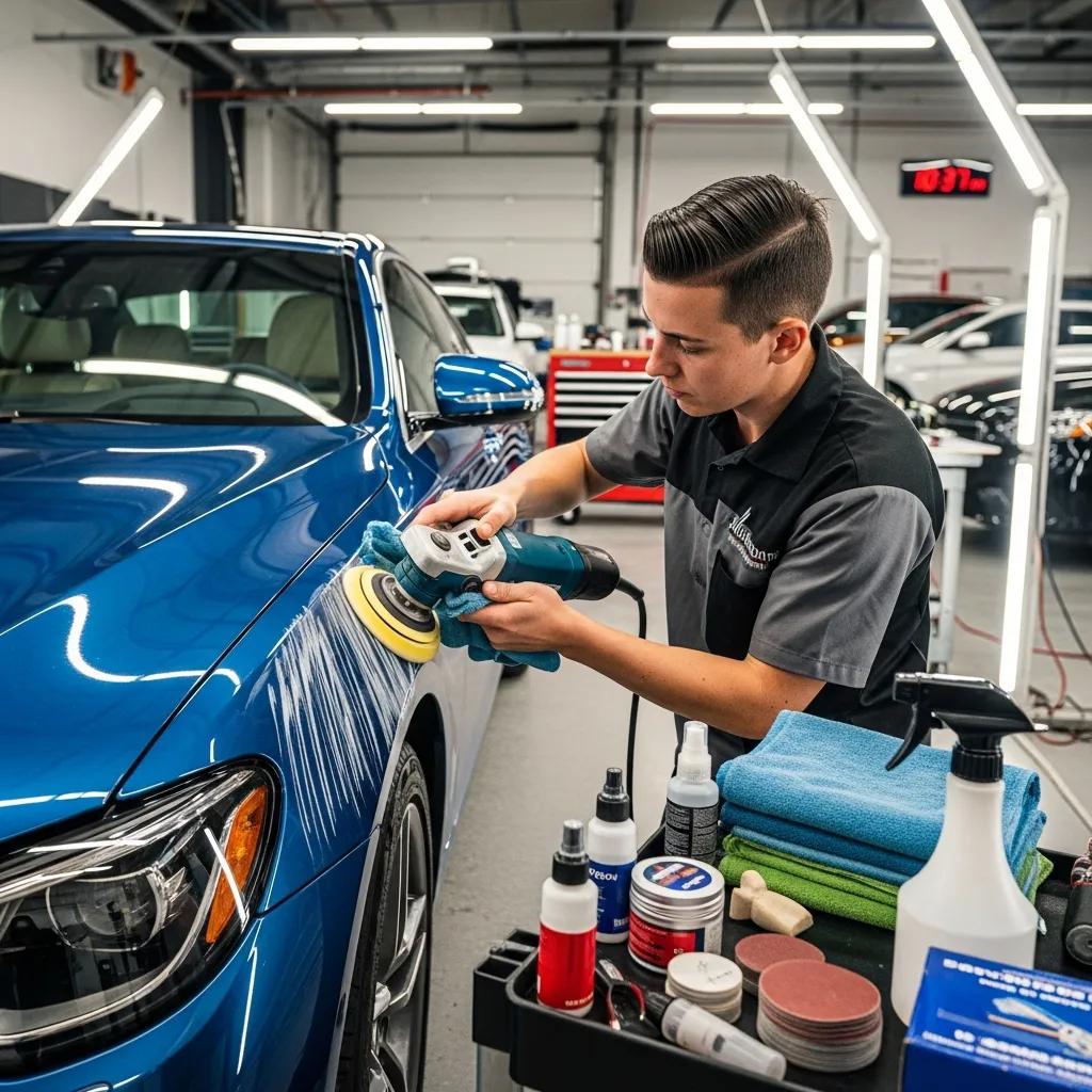 Technician repairing a scratch on a vehicle in a professional workshop