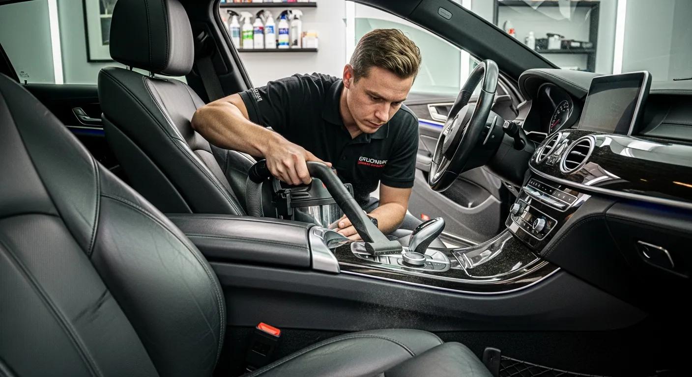 Detailer vacuuming car interior, emphasizing thorough cleaning and care