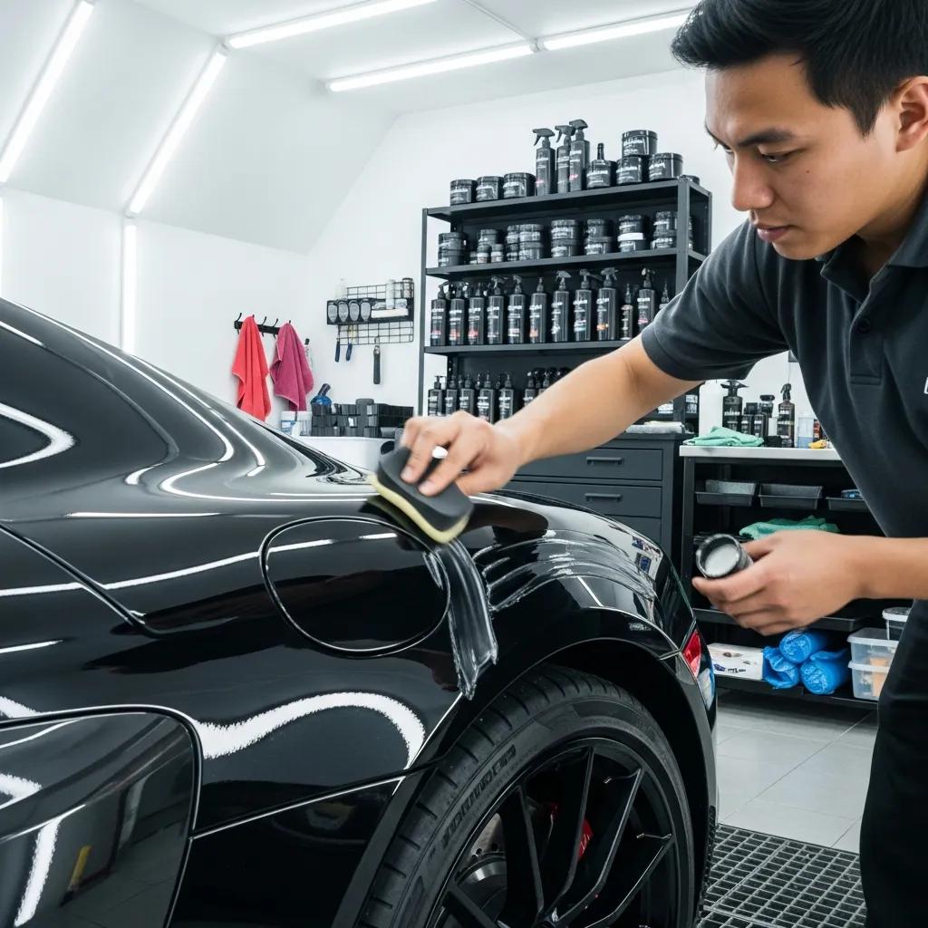 Detailer applying ceramic coating to enhance vehicle protection and shine