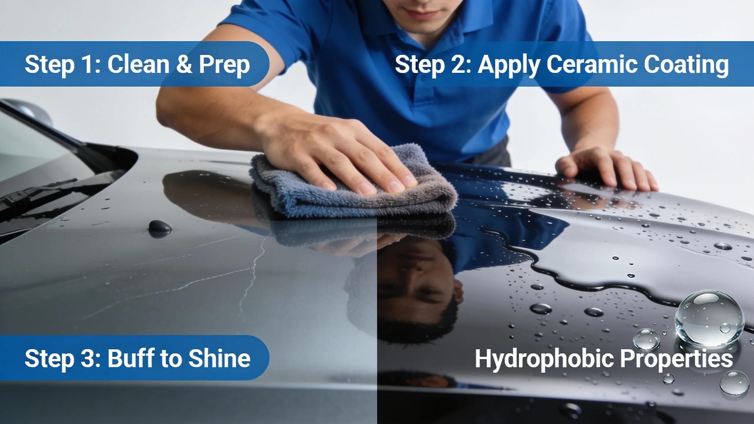 Detailer applying ceramic coating to enhance paint protection on a car