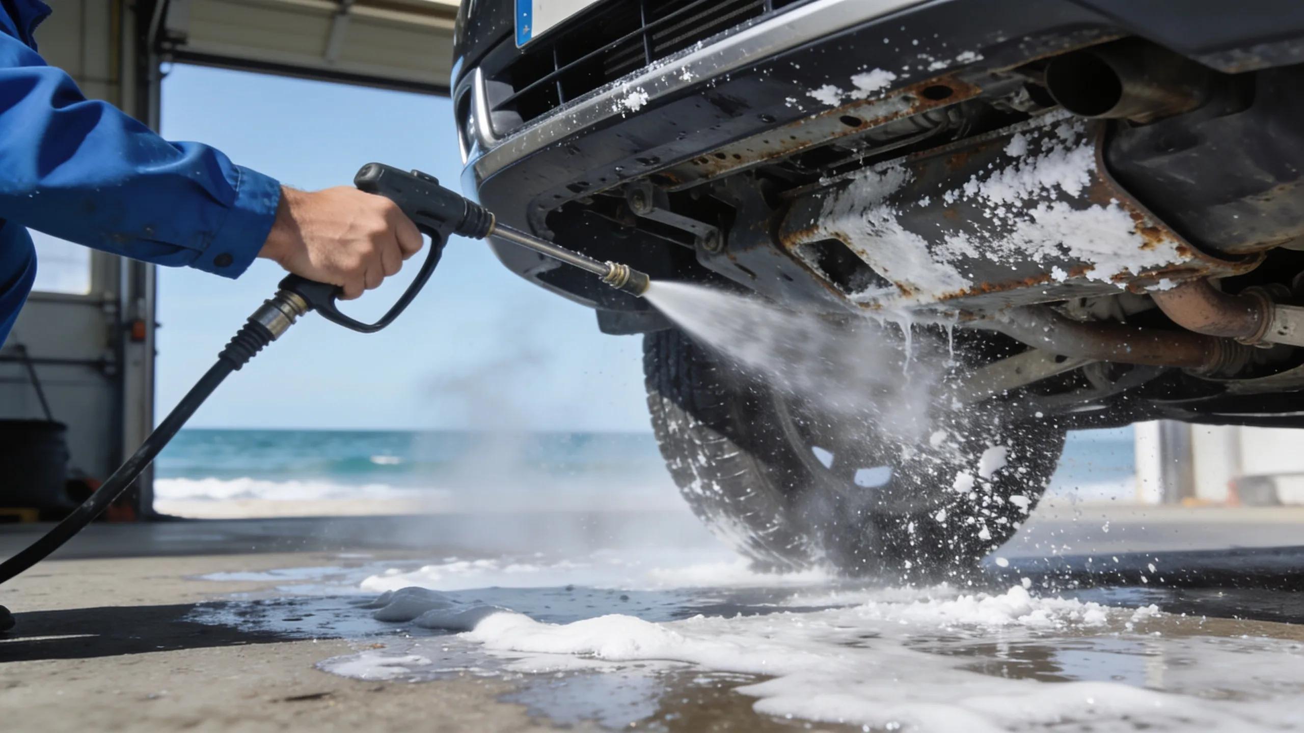 Car undercarriage cleaning to prevent salt corrosion in coastal areas