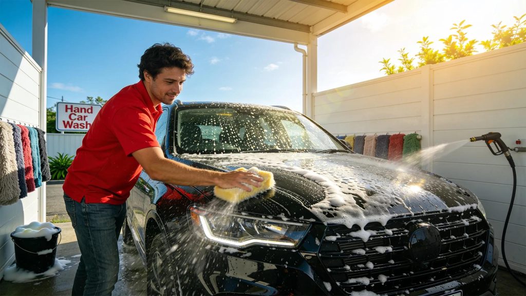 Hand washing a car at a professional wash in Brookvale