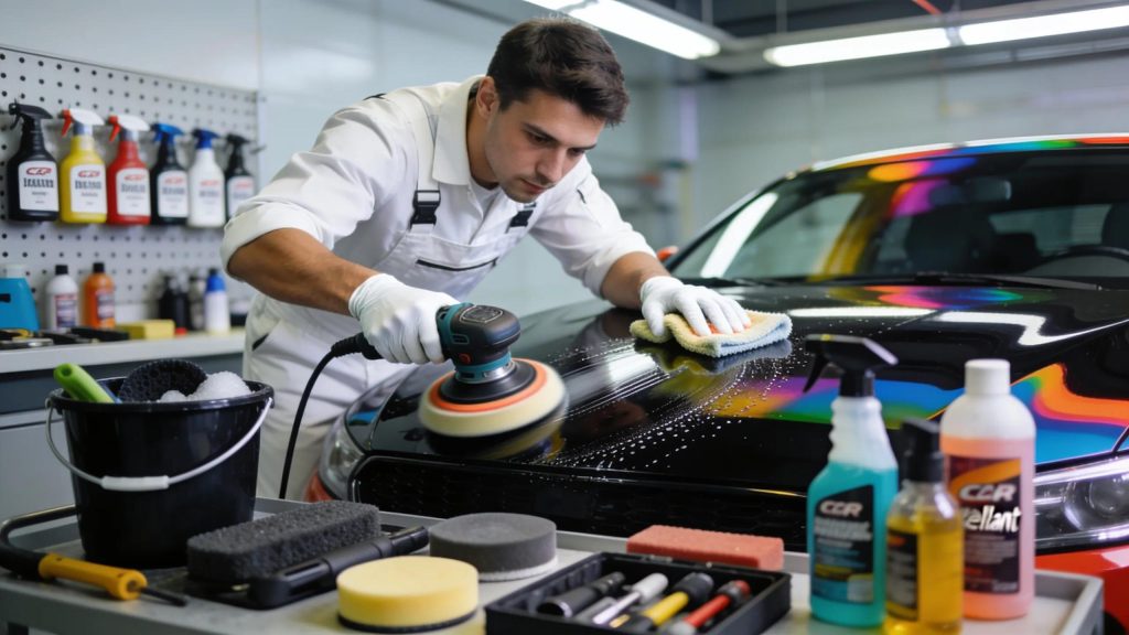 Car detailer working on a vehicle's exterior showcasing detailing techniques