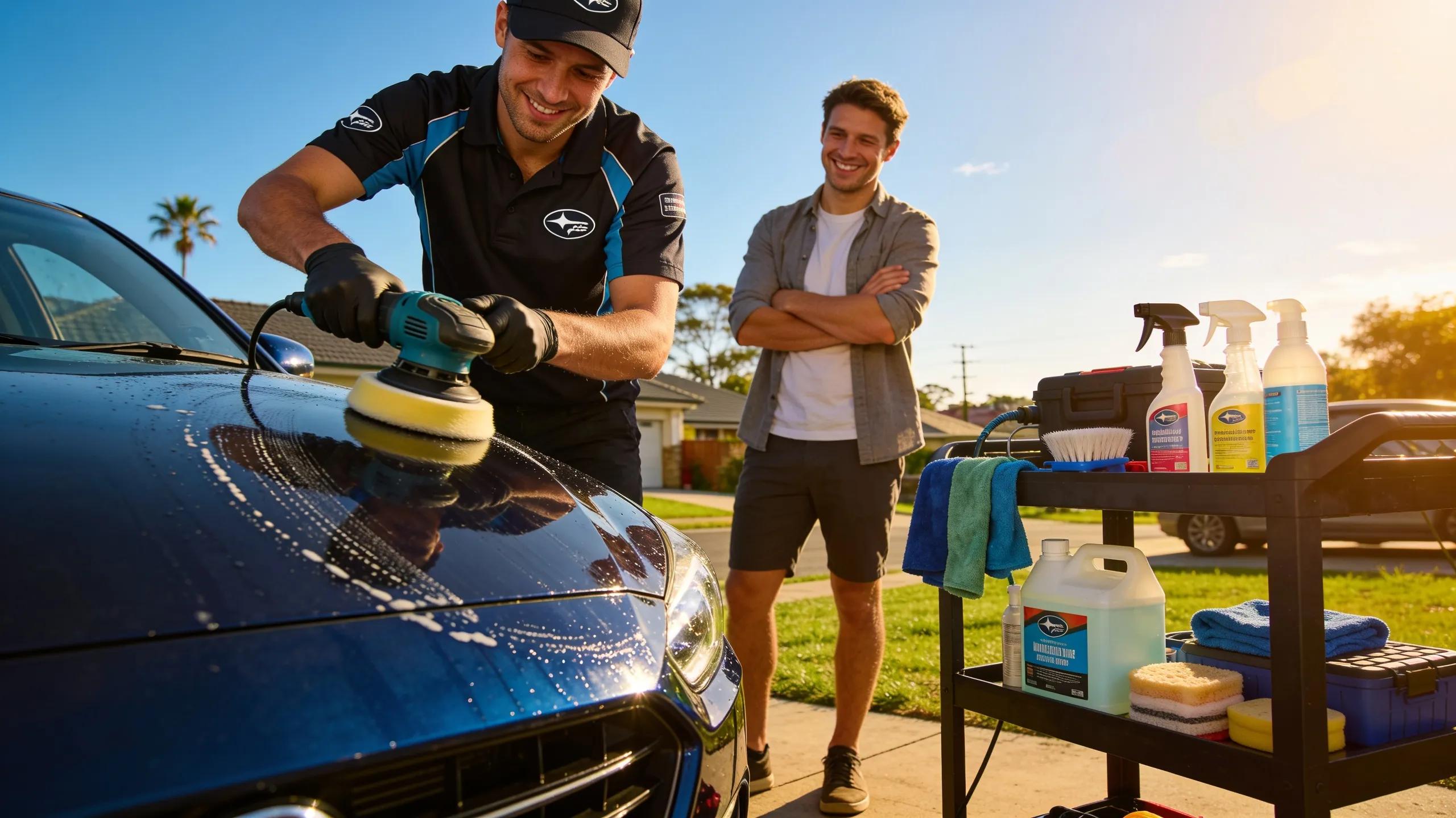 Detailer providing mobile car detailing service at a customer's location