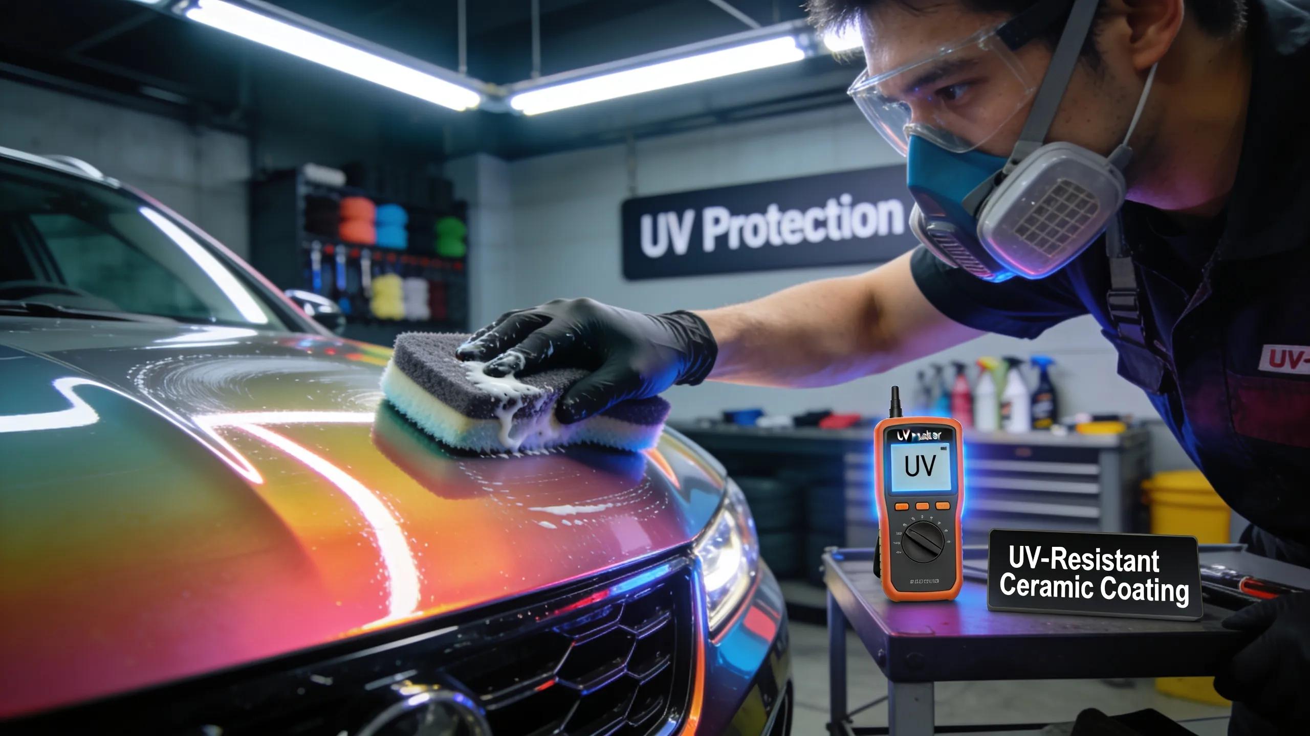 Application of UV-resistant ceramic coating on a car for effective paint protection