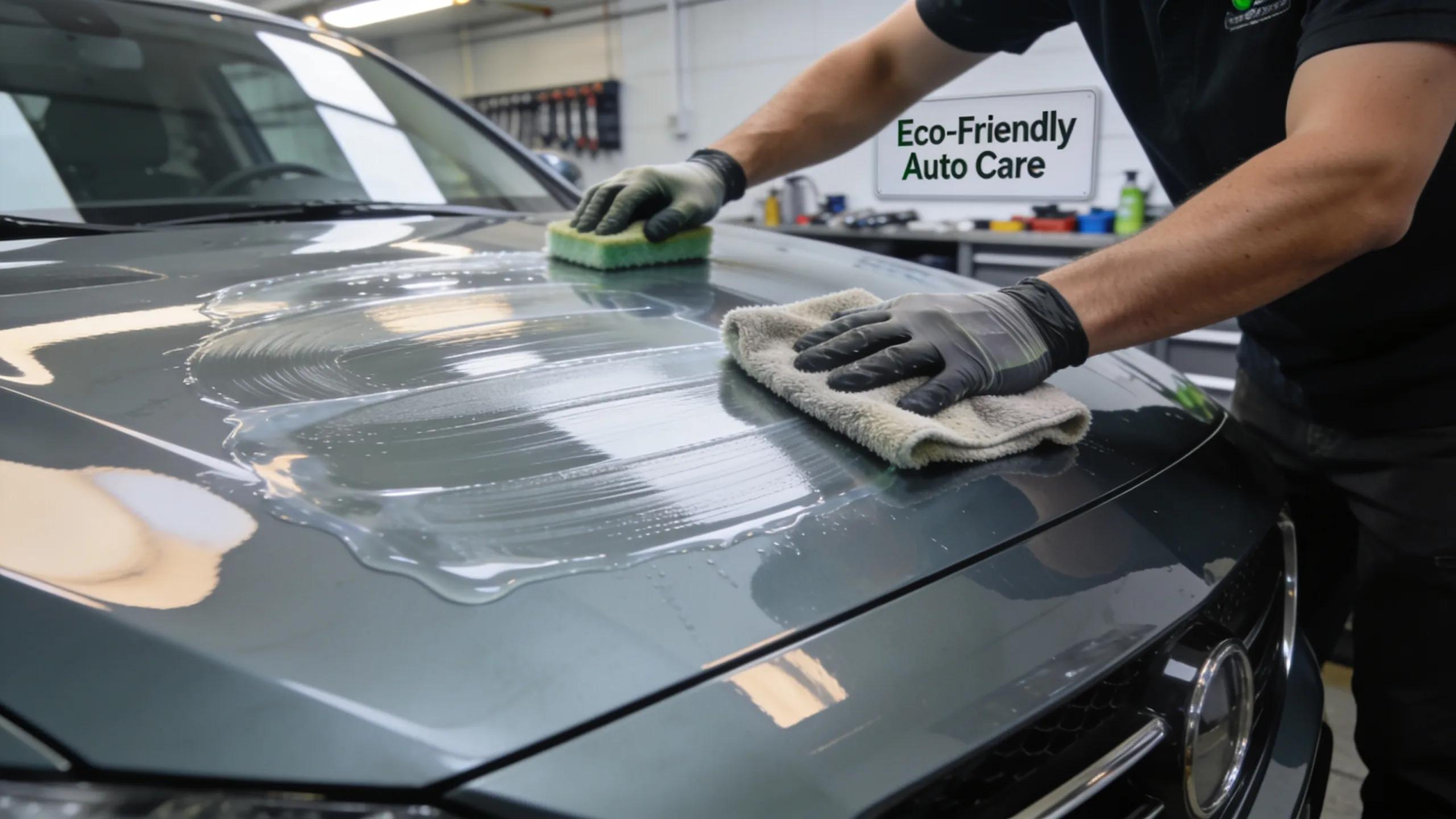 Detailer applying eco-friendly paint protection on a car to verify quality of services